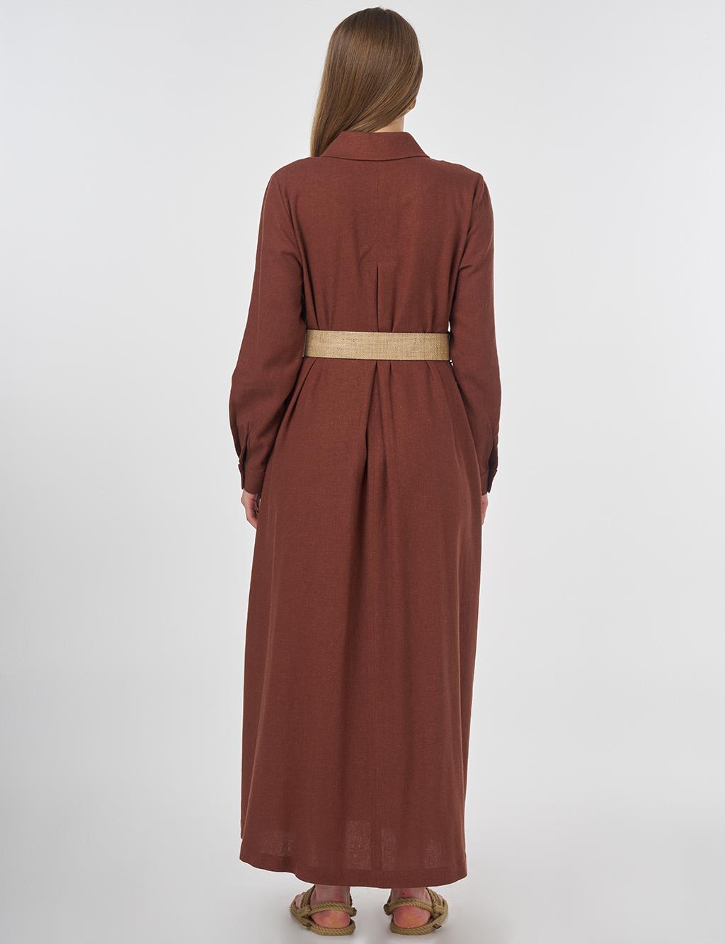 Linen Blend Overcoat with Straw Belt Detail Brown 