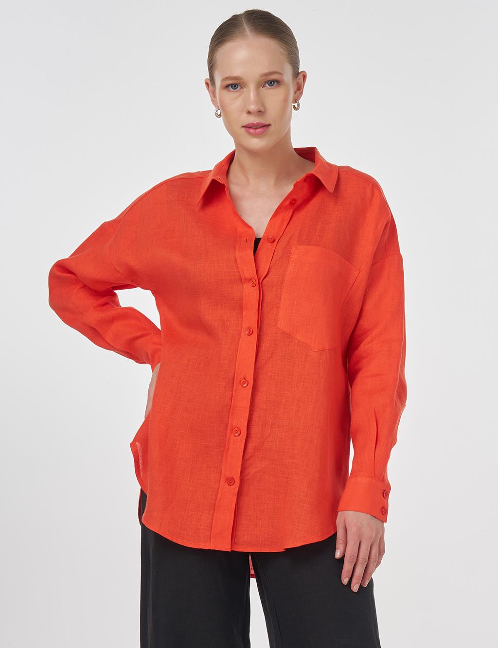 100% Linen Shirt Collar Tunic Coral