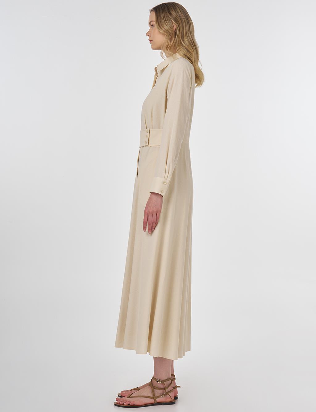 Belt-Detail Rayon Dress Cream 