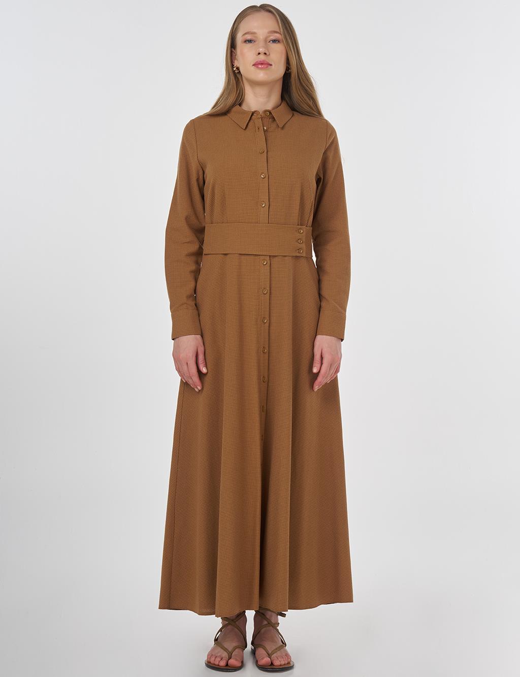Belt-Detail Rayon Dress Beige