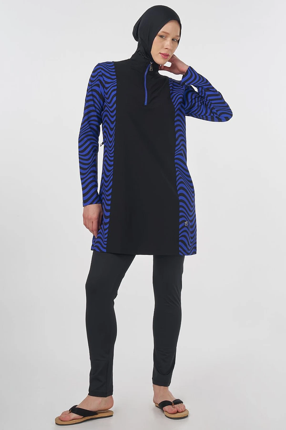 Zebra Patterned Modest Swimsuit Black 