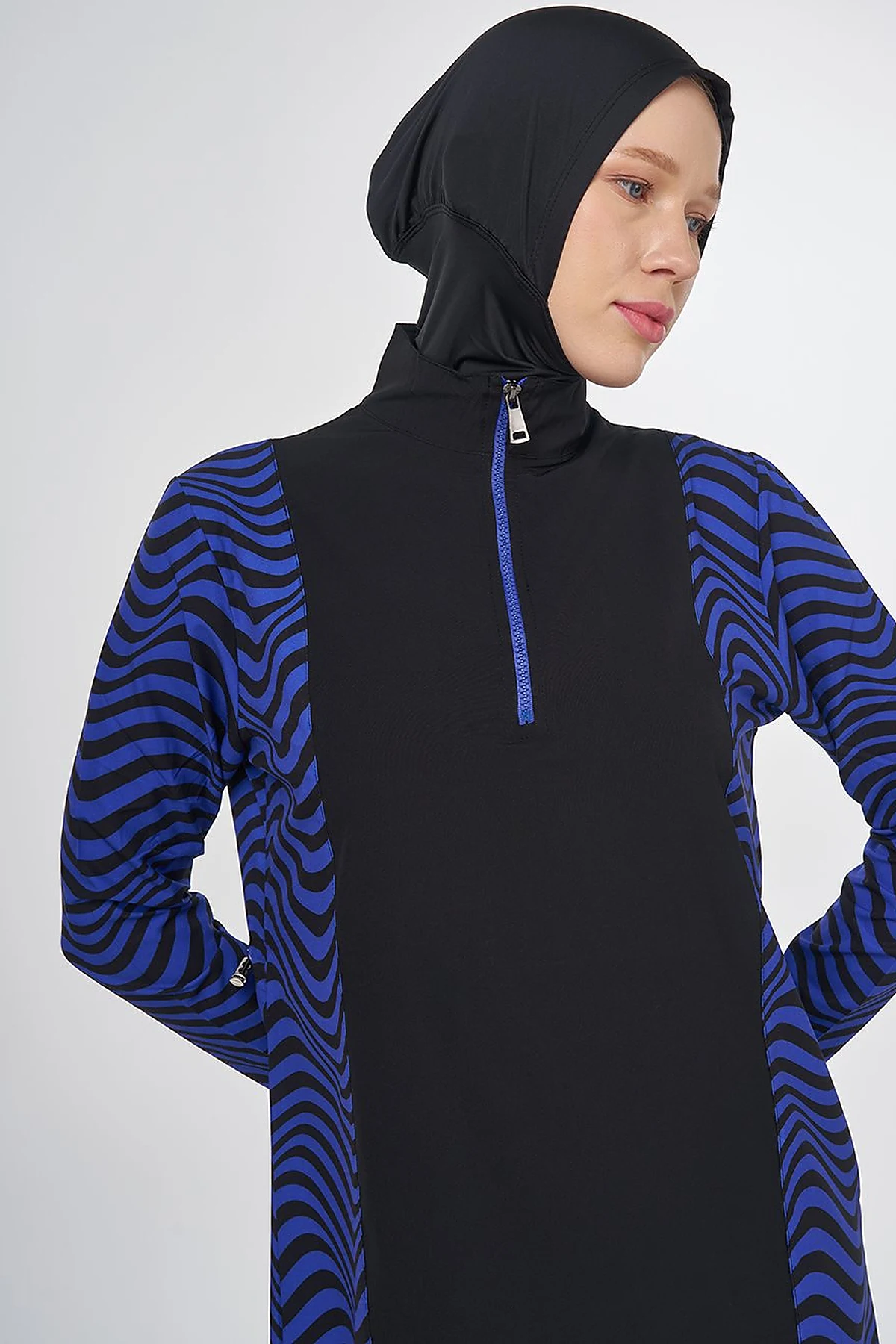 Zebra Patterned Modest Swimsuit Black 