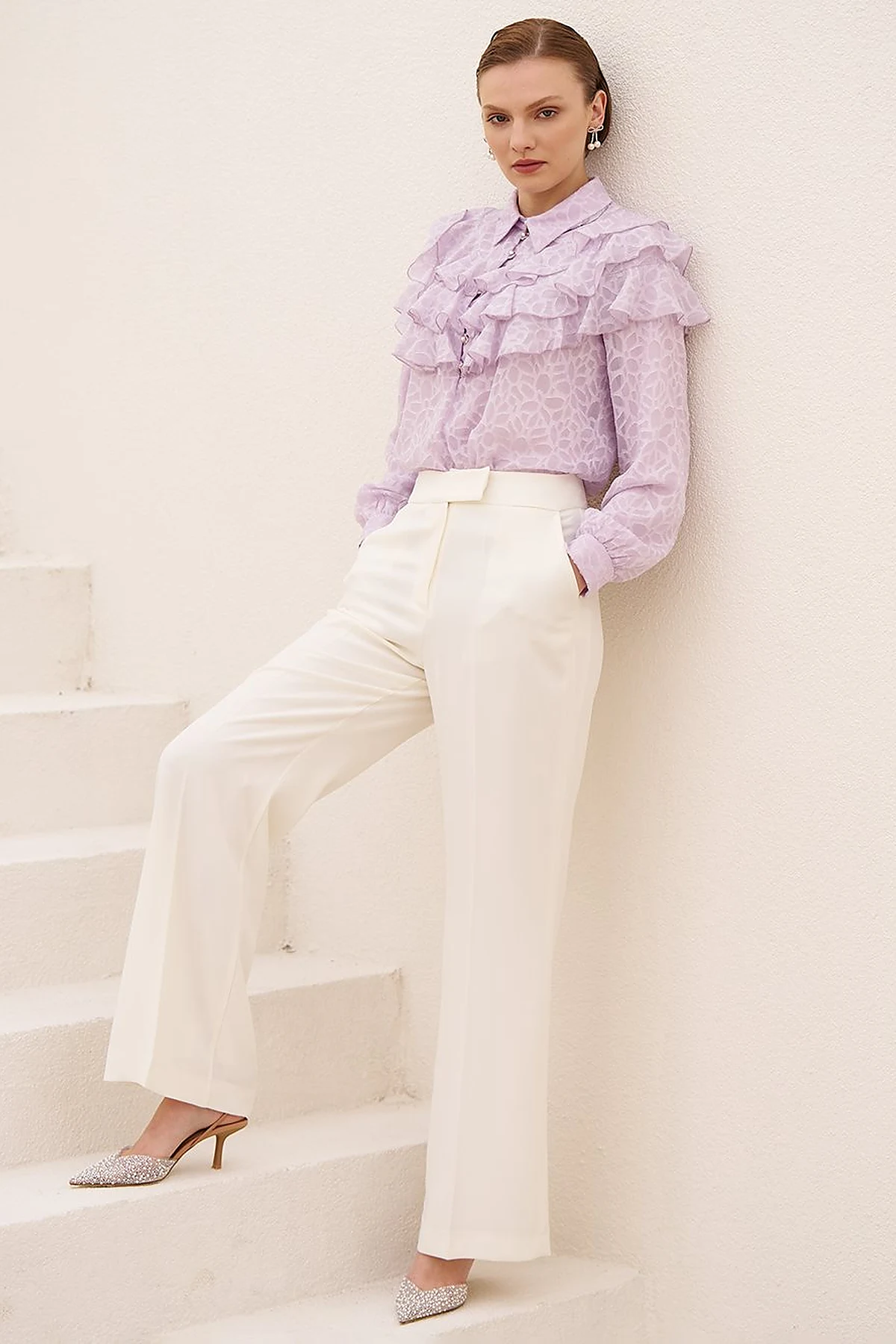 Flowy Crepe Pants Ecru 