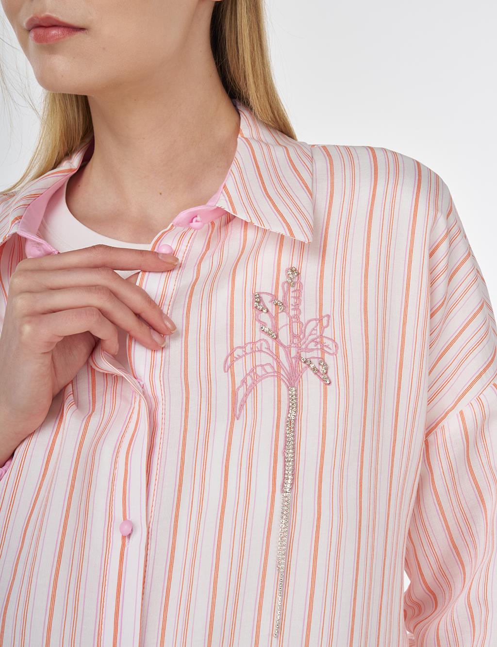 Embroidered Striped Tunic Pink 
