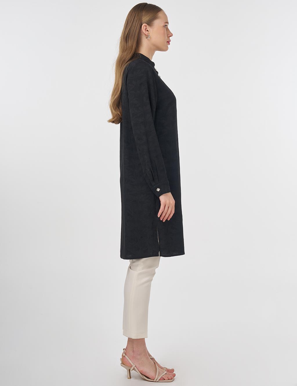Mandarin Collar Jacquard Tunic Black