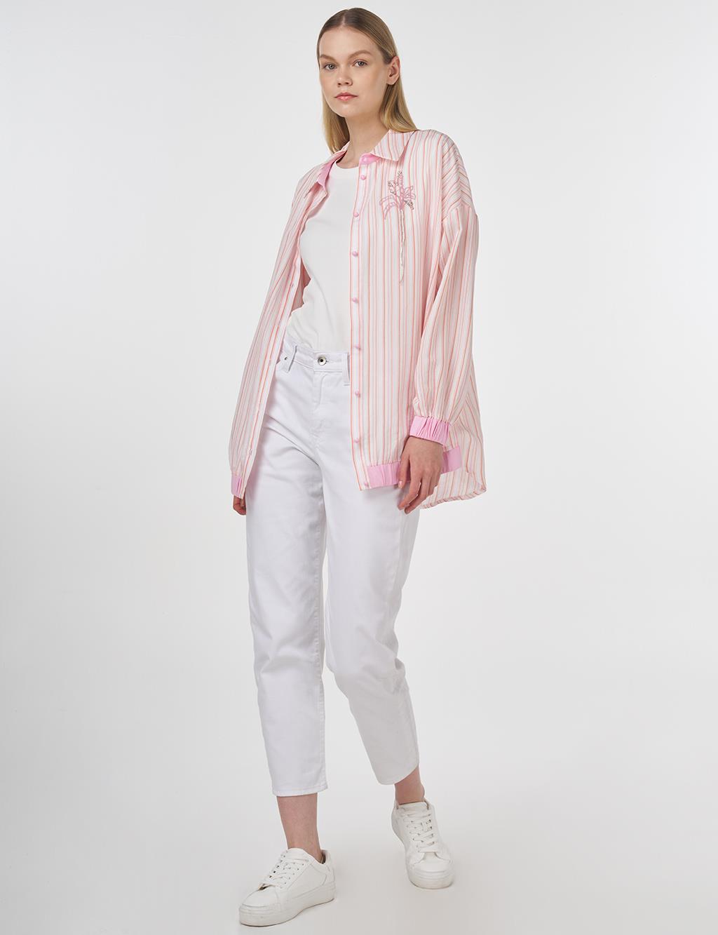 Embroidered Striped Tunic Pink 