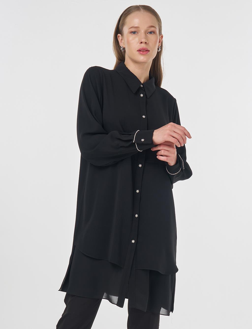 Chiffon Panel Embroidered Tunic Black