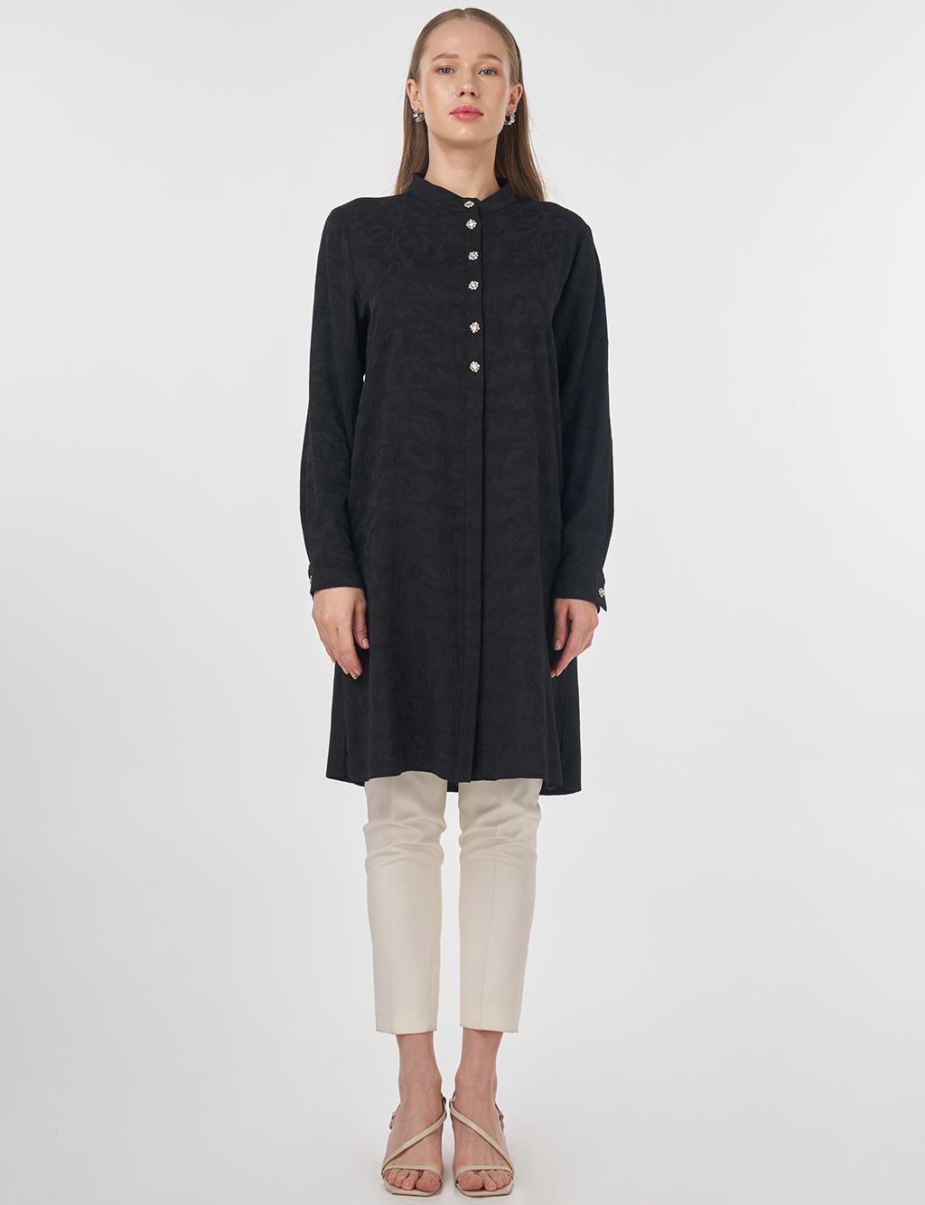 Mandarin Collar Jacquard Tunic Black