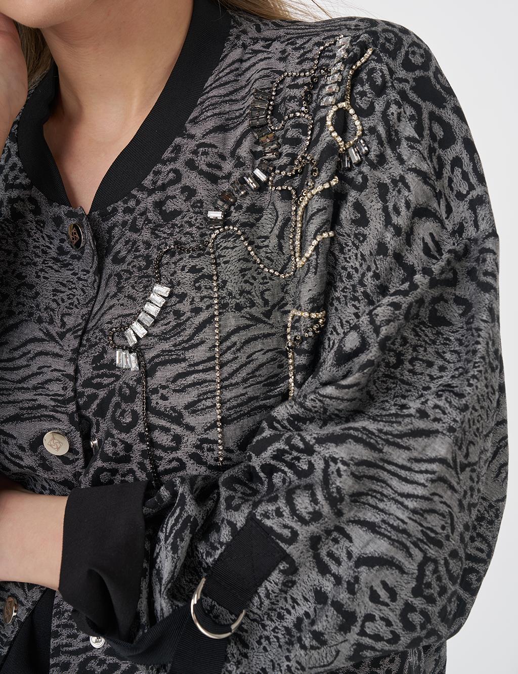 Leopar Desenli İşlemeli Ceket Siyah