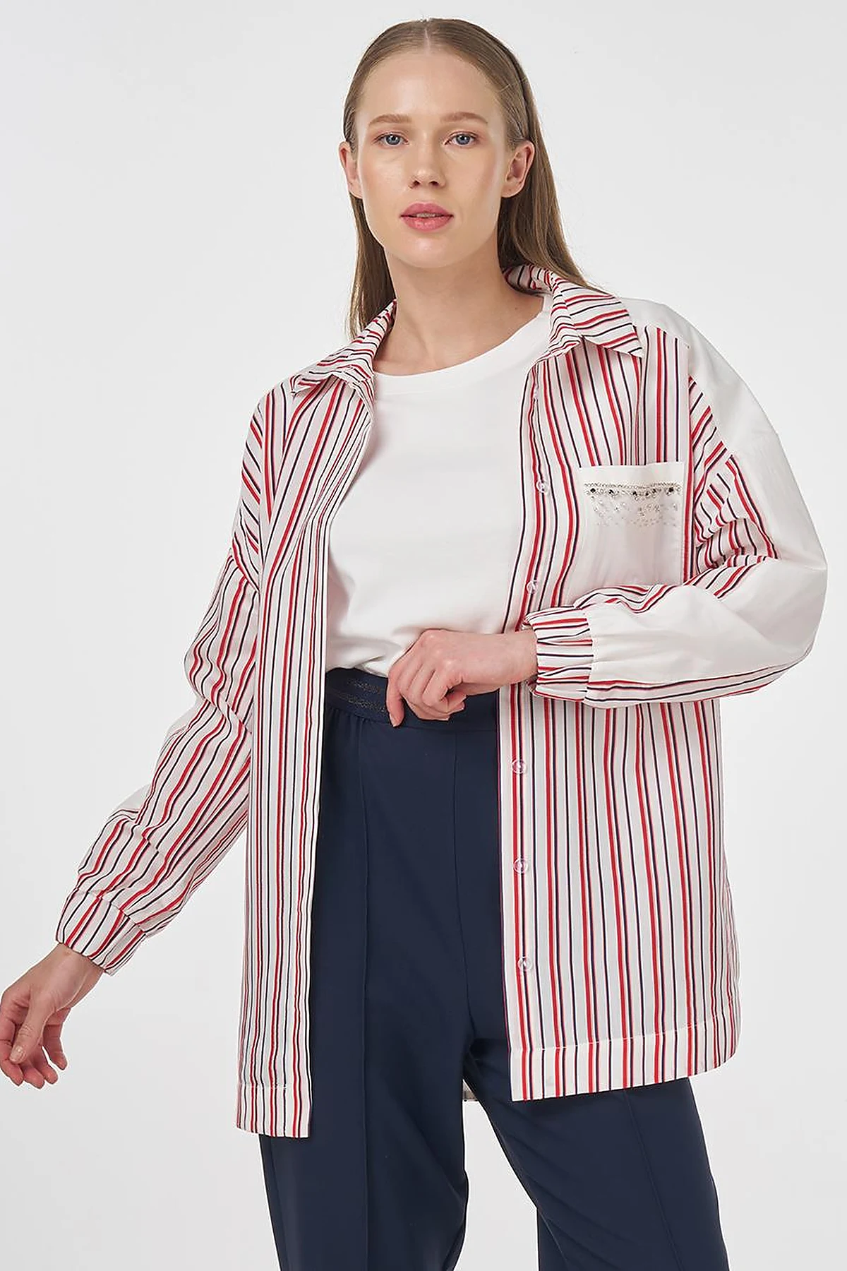 Stone-Embellished Modal Tunic Red