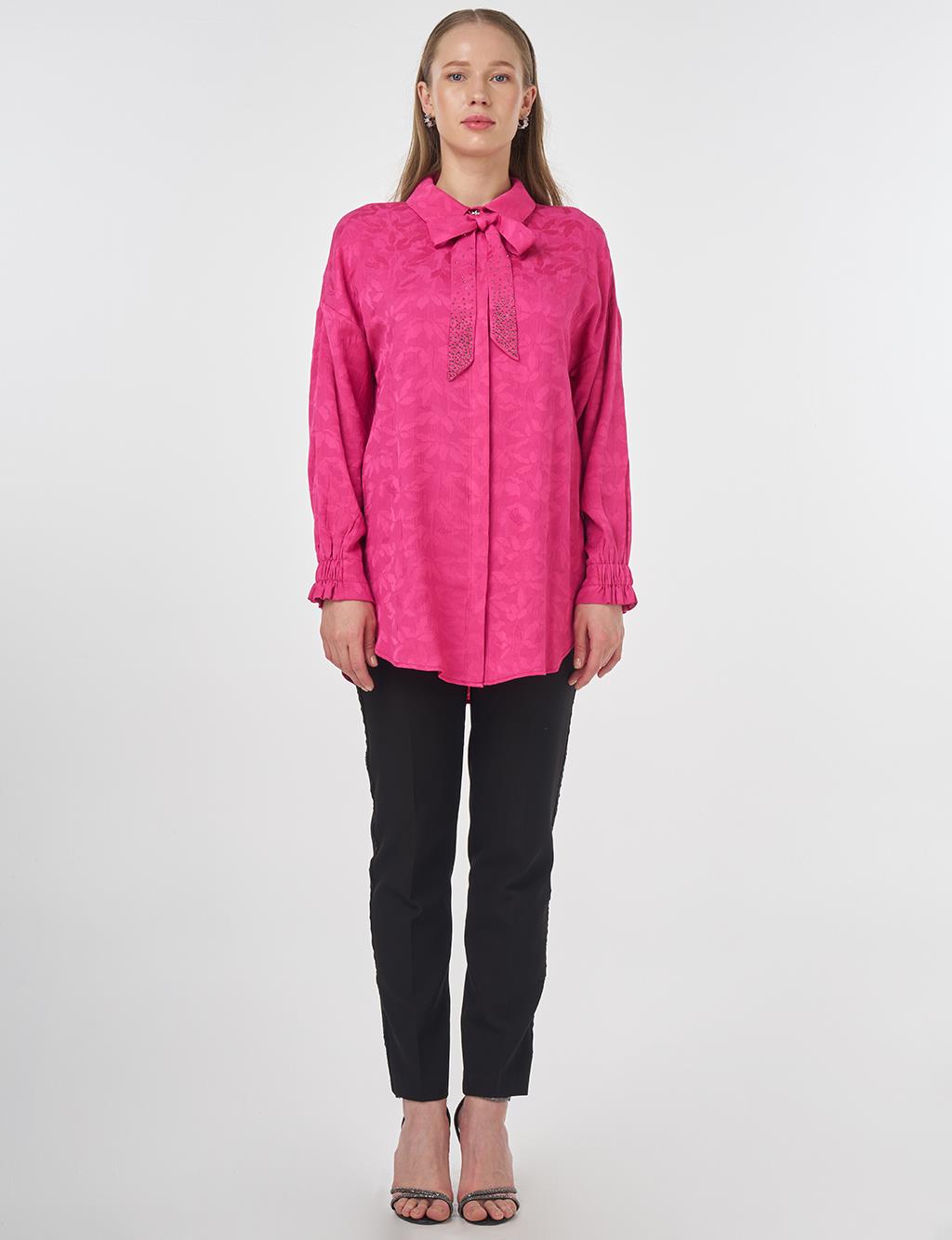 Shawl Collar Jacquard Blouse Fuchsia 