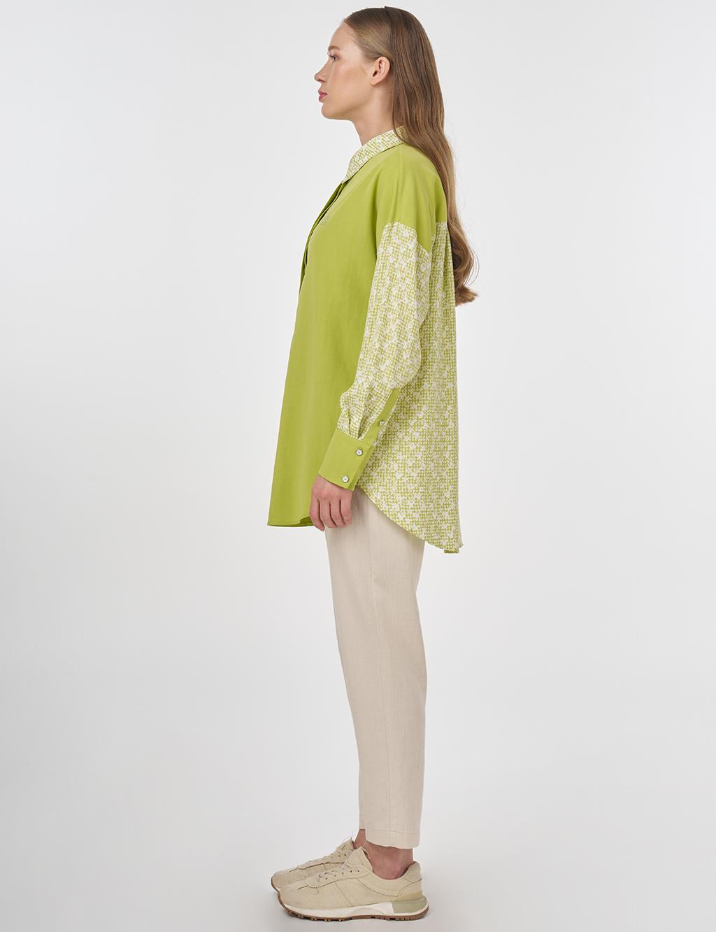 Floral Pattern Shirt Collar Tunic Pistachio Green
