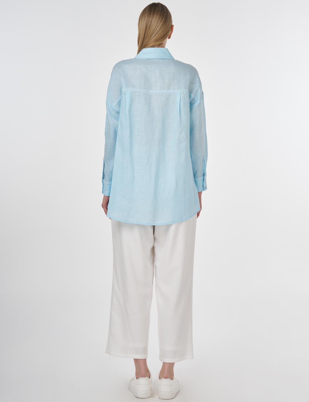 Striped Embroidered Linen Tunic in Blue