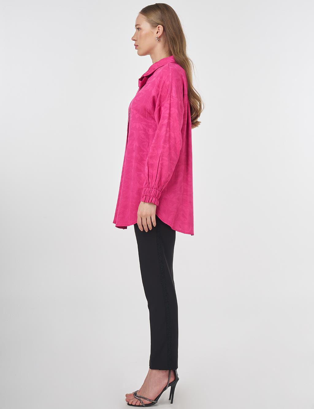 Shawl Collar Jacquard Blouse Fuchsia 