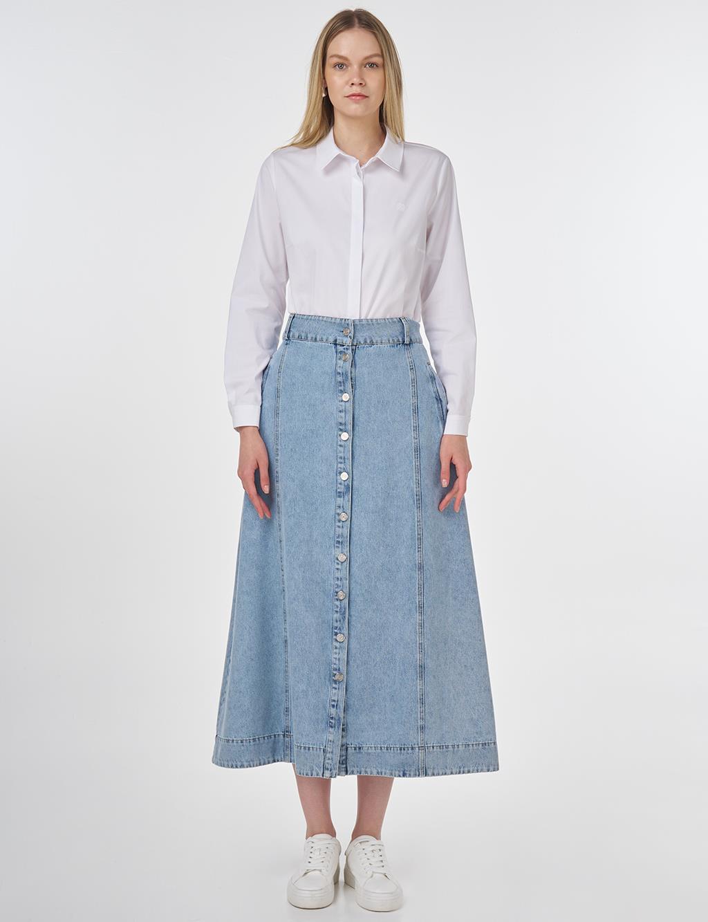 Button-Front Denim Skirt in Towel Washed Finish