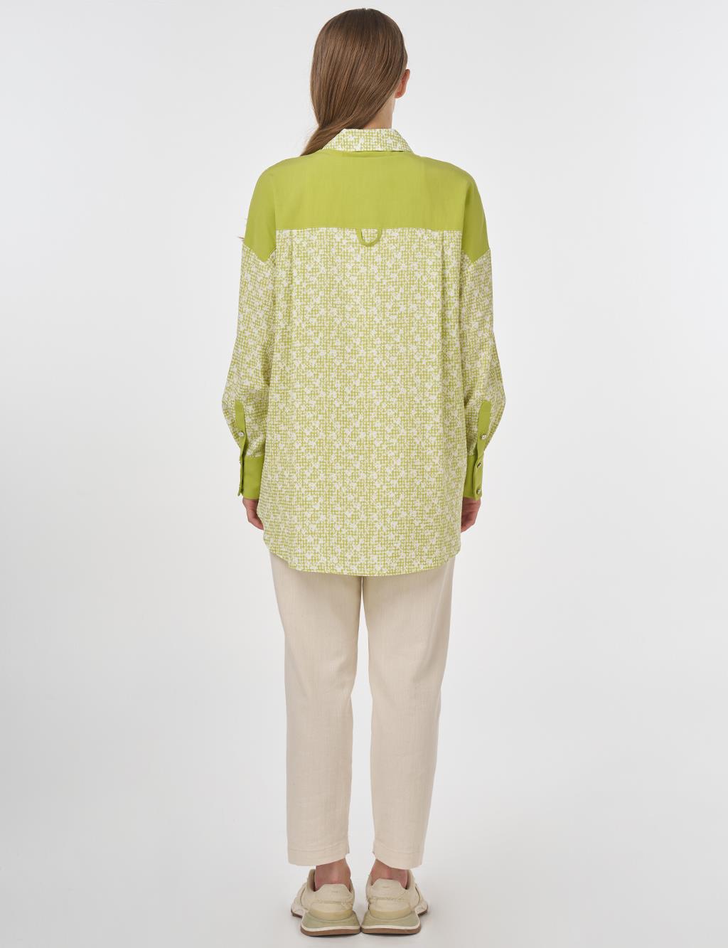 Floral Pattern Shirt Collar Tunic Pistachio Green