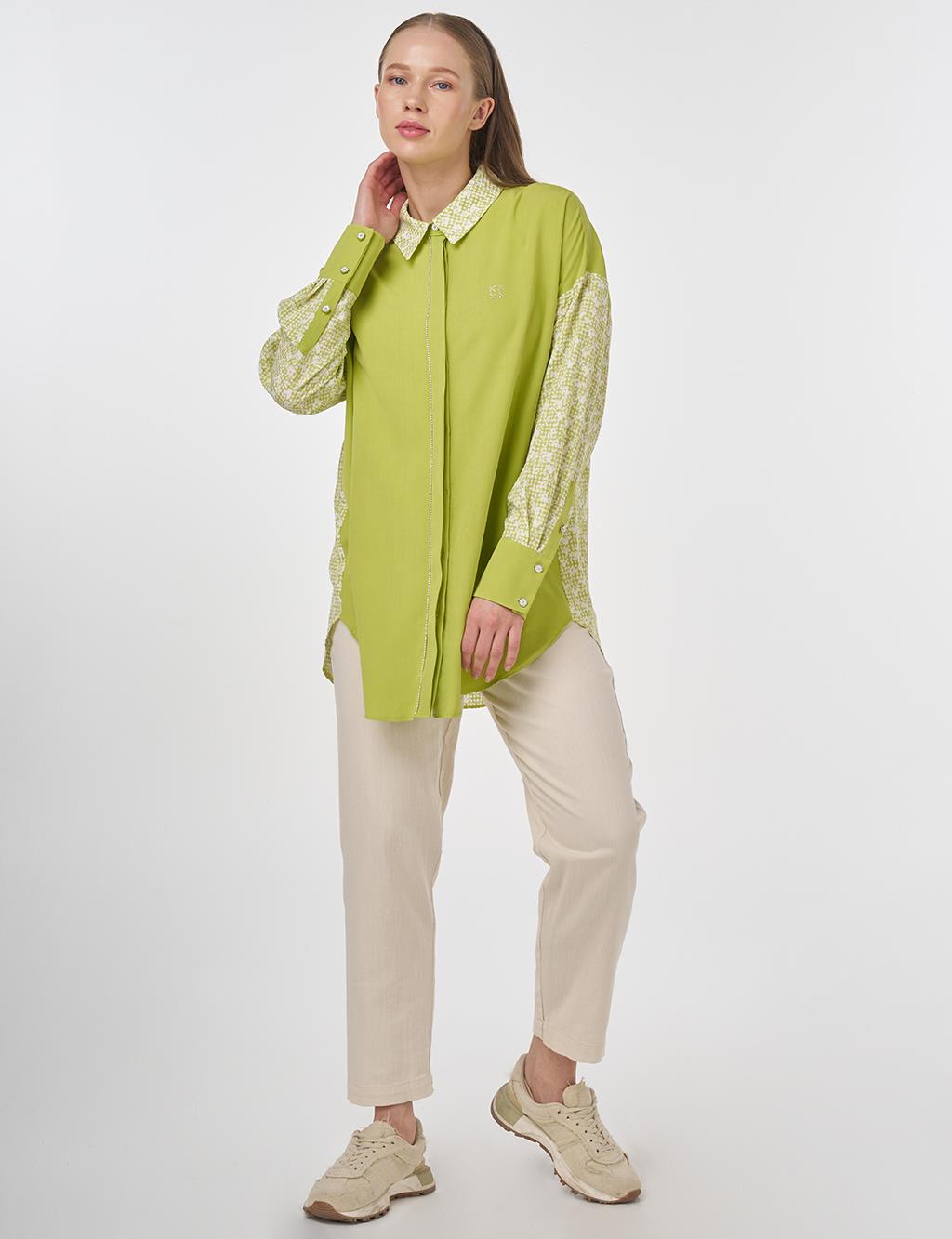 Floral Pattern Shirt Collar Tunic Pistachio Green