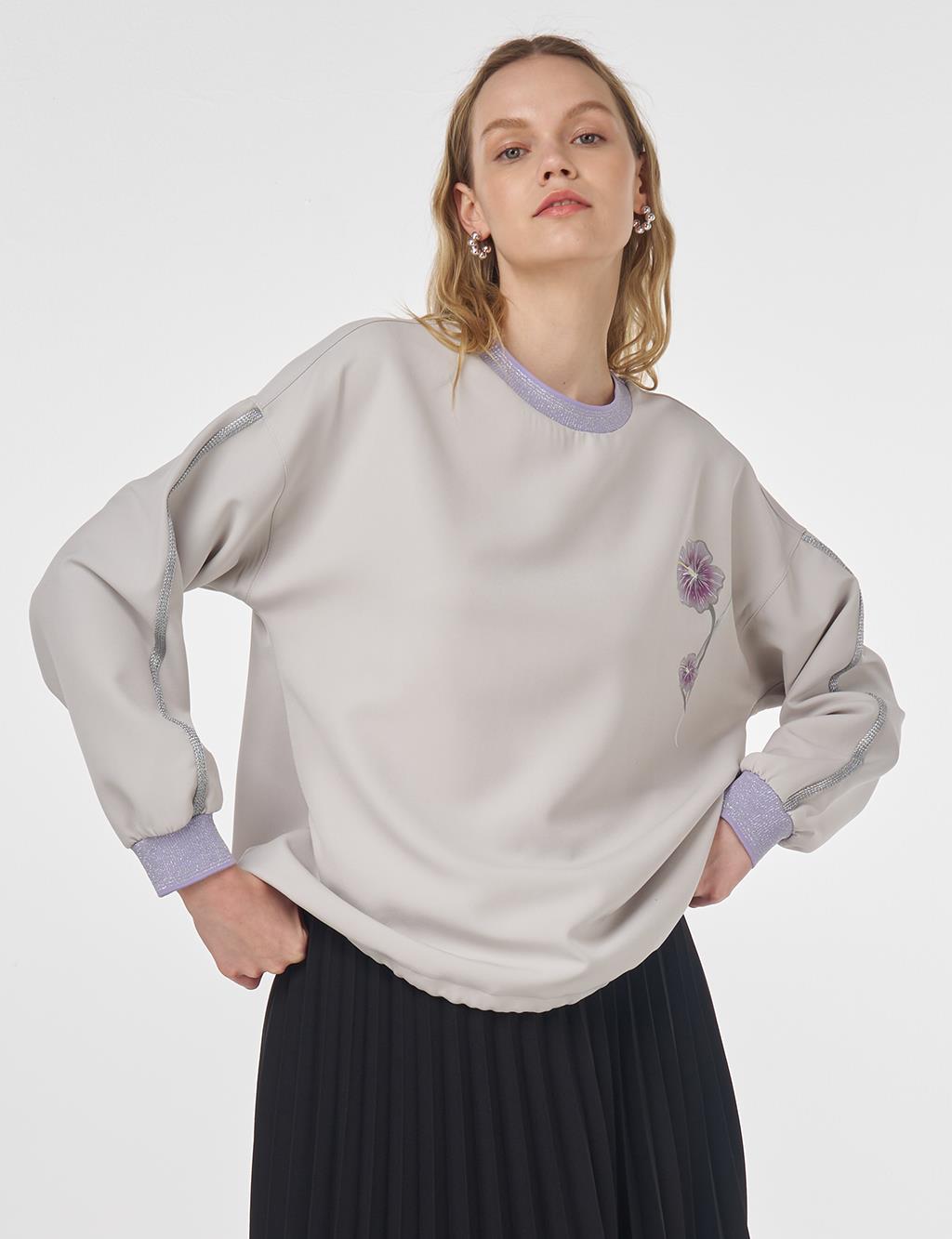 Ribbed Drawstring Sweatshirt Light Grey