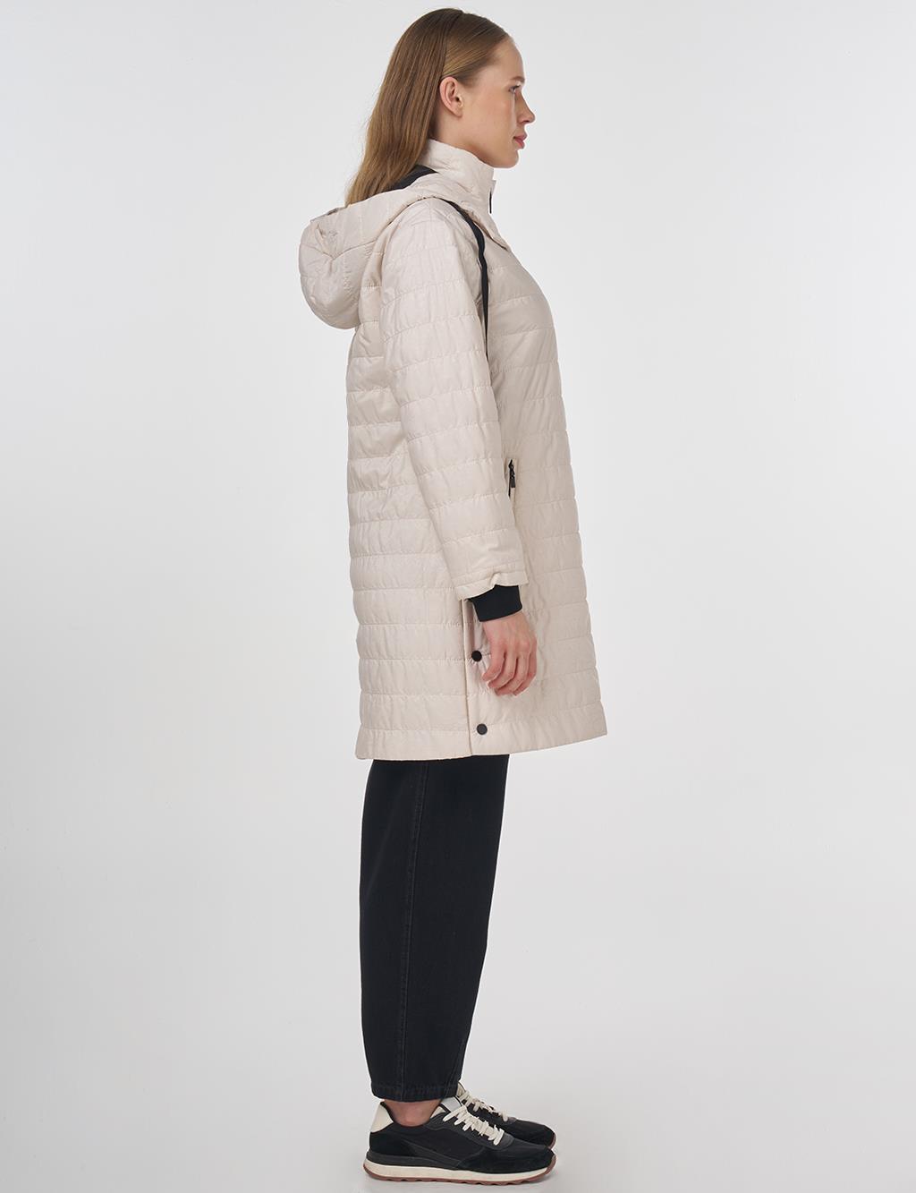 Stand-Up Collar Hooded Coat Cream 