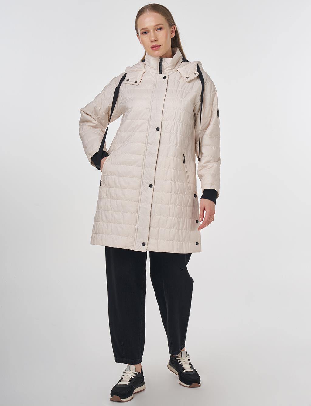 Stand-Up Collar Hooded Coat Cream 
