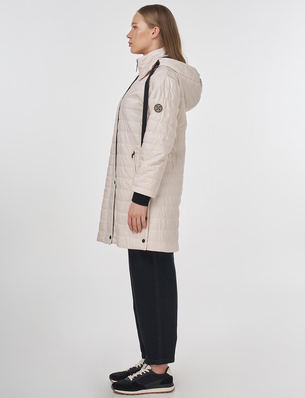 Stand-Up Collar Hooded Coat Cream 