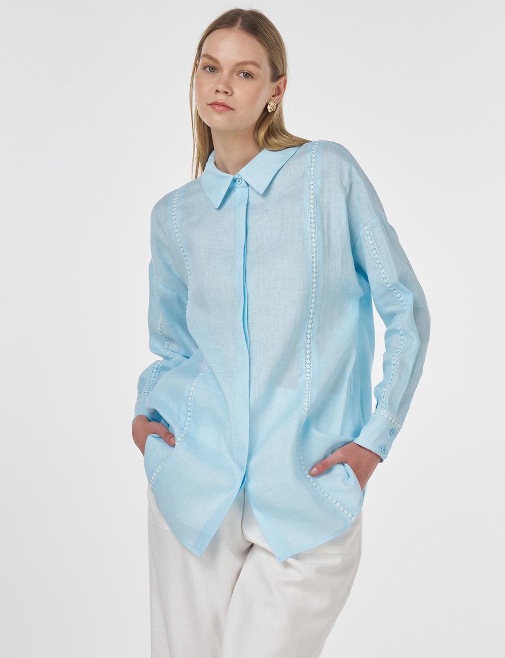 Striped Embroidered Linen Tunic in Blue