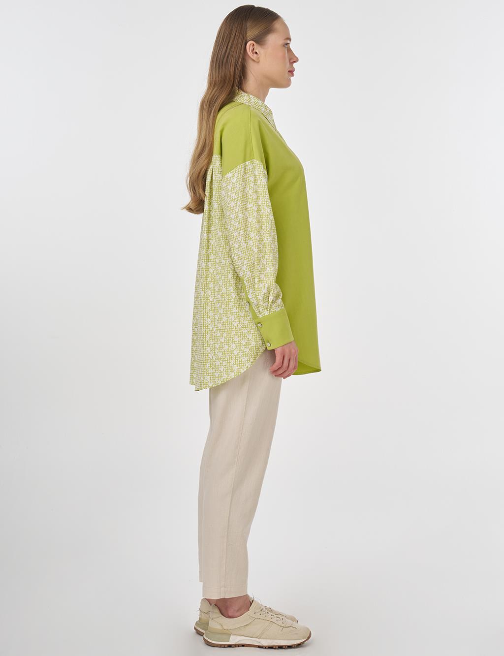 Floral Pattern Shirt Collar Tunic Pistachio Green