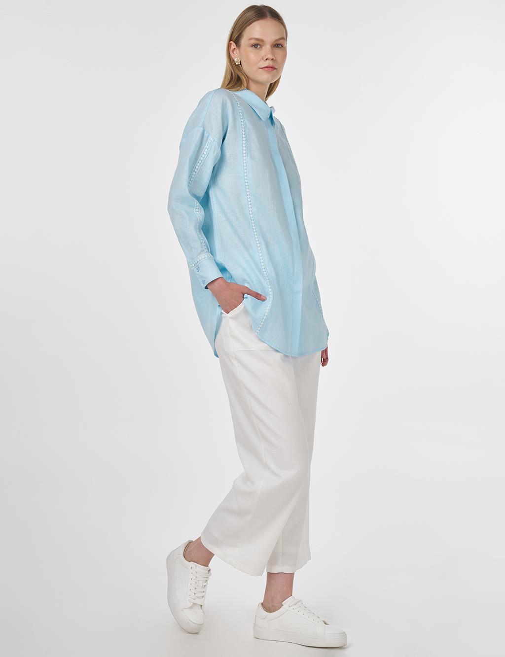 Striped Embroidered Linen Tunic in Blue