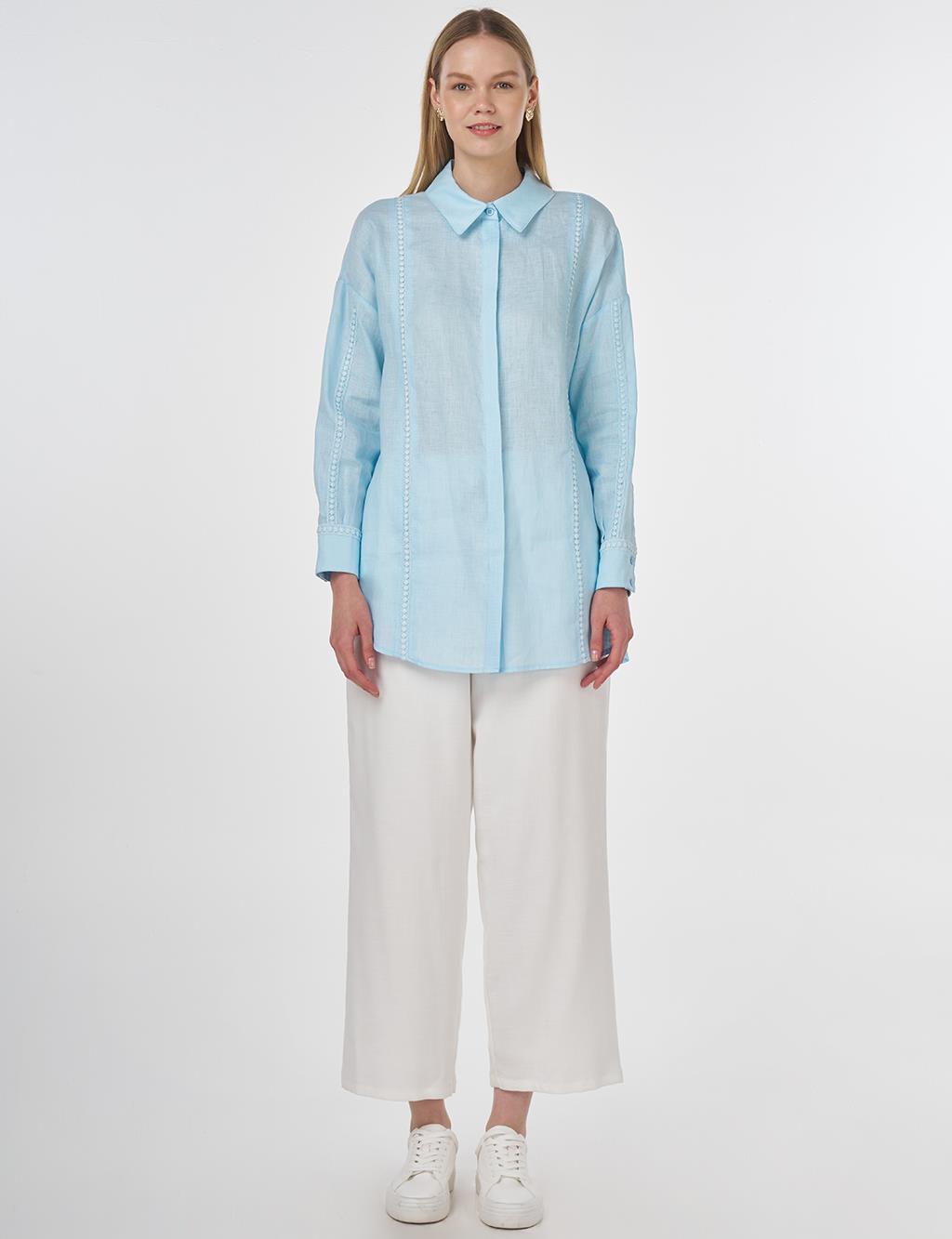 Striped Embroidered Linen Tunic in Blue