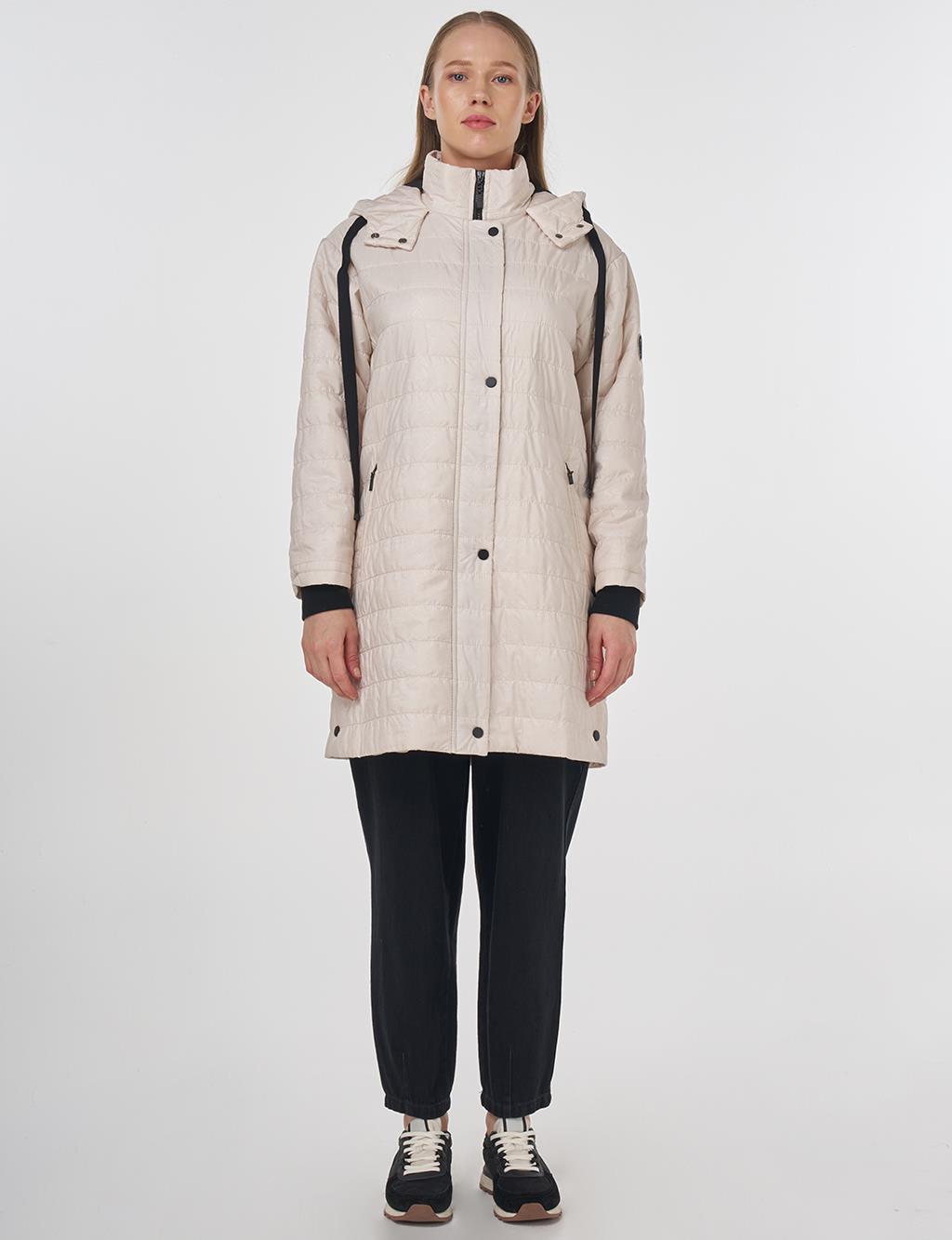 Stand-Up Collar Hooded Coat Cream 