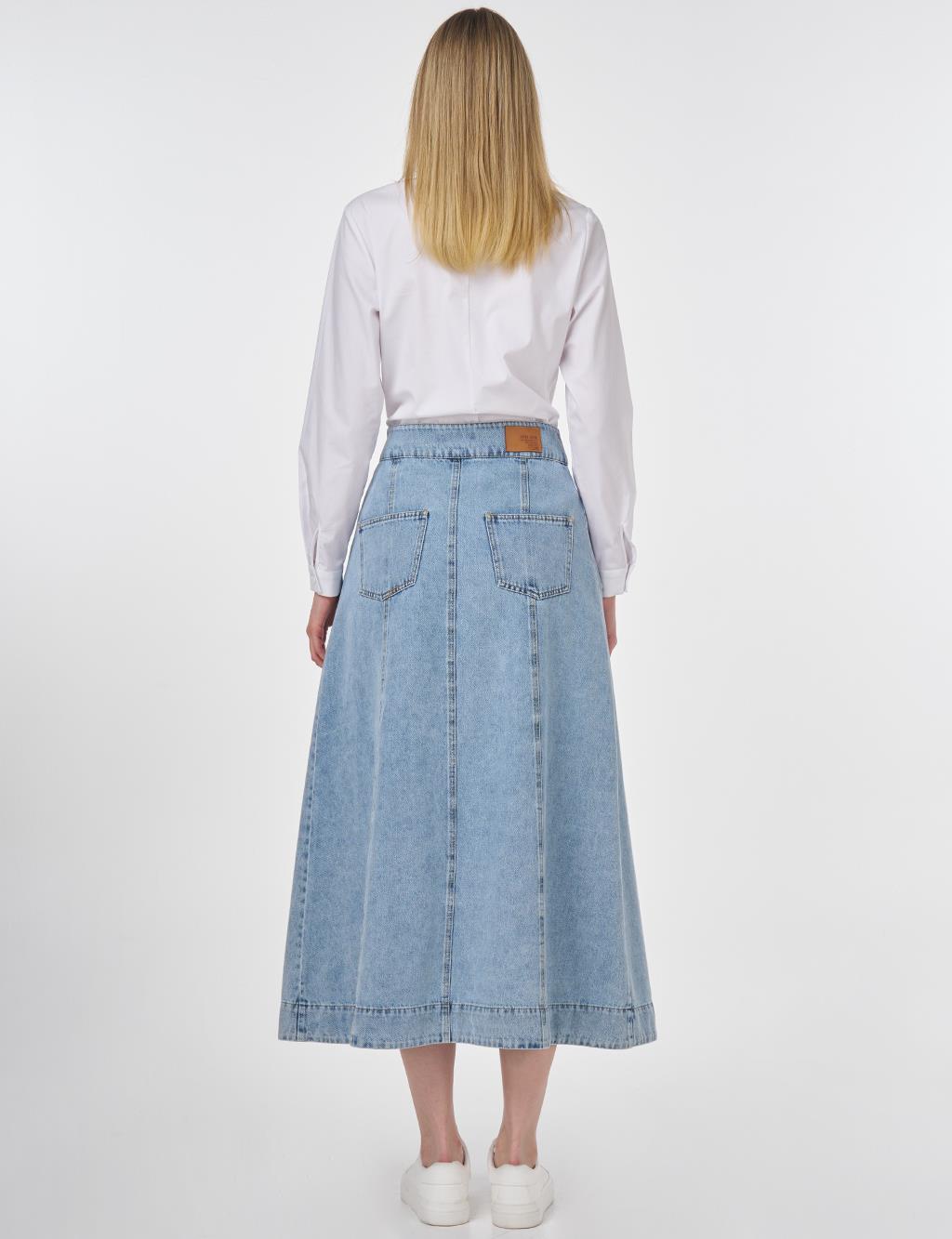 Button-Front Denim Skirt in Towel Washed Finish