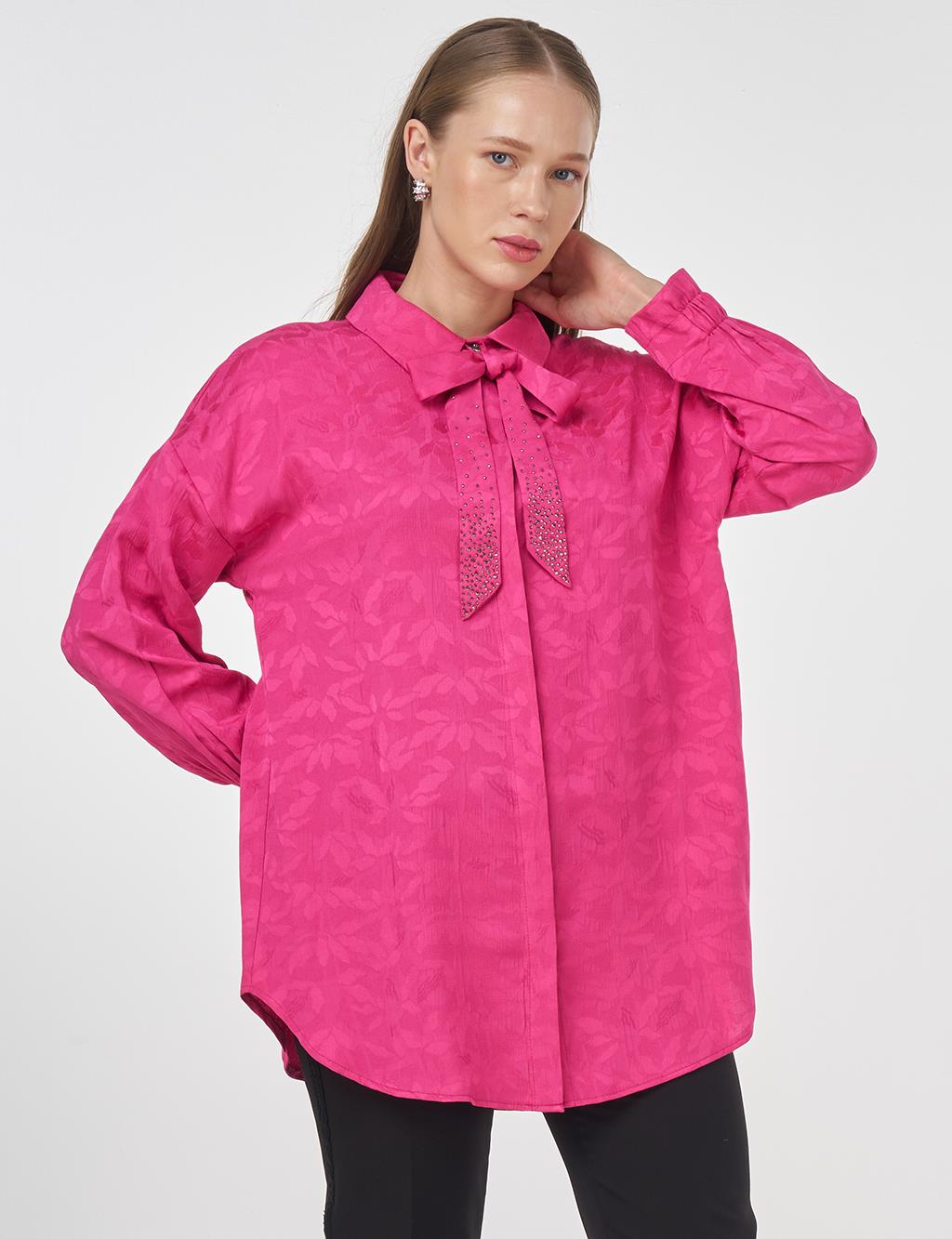 Shawl Collar Jacquard Blouse Fuchsia 