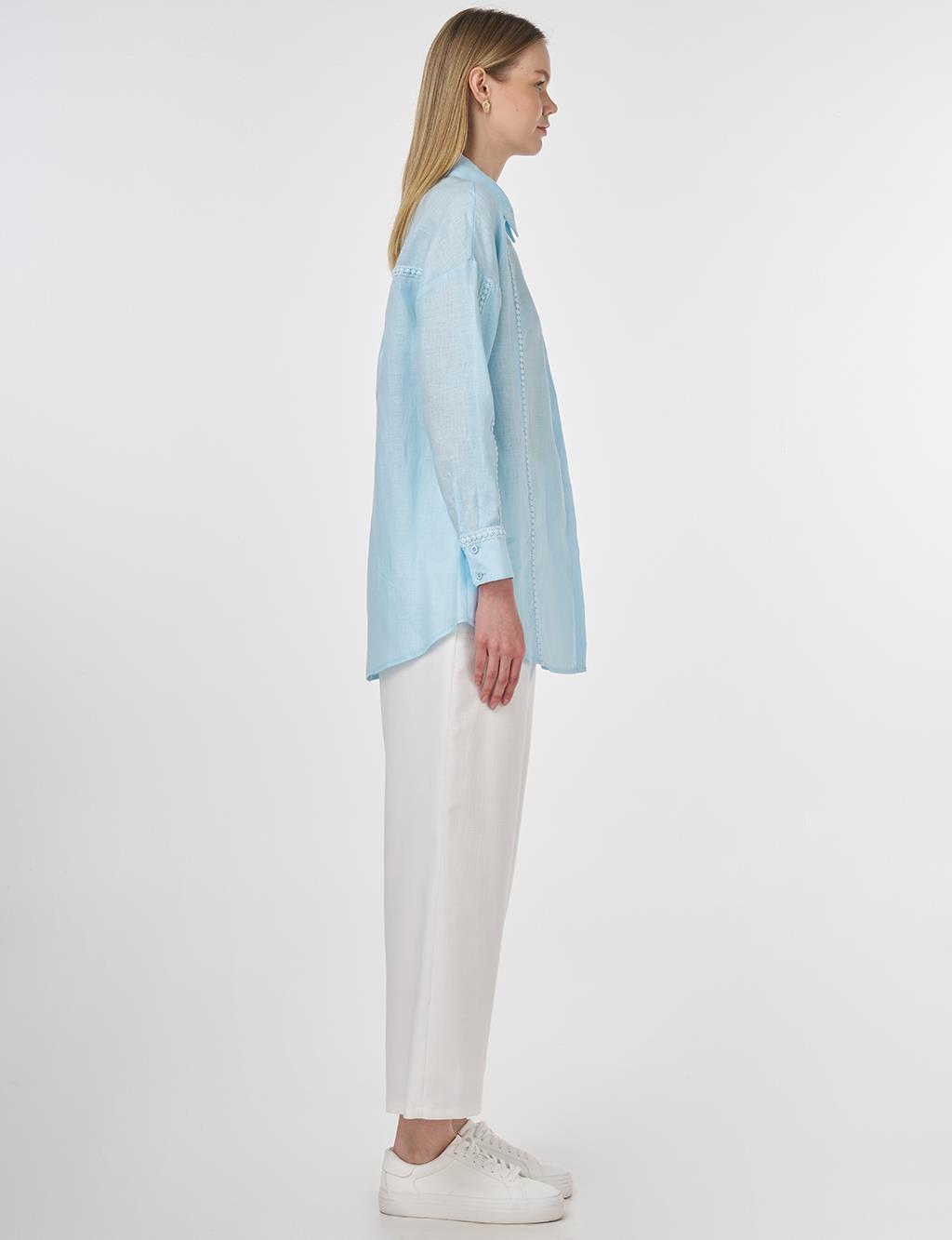 Striped Embroidered Linen Tunic in Blue