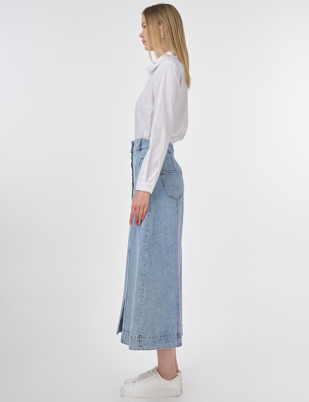Button-Front Denim Skirt in Towel Washed Finish