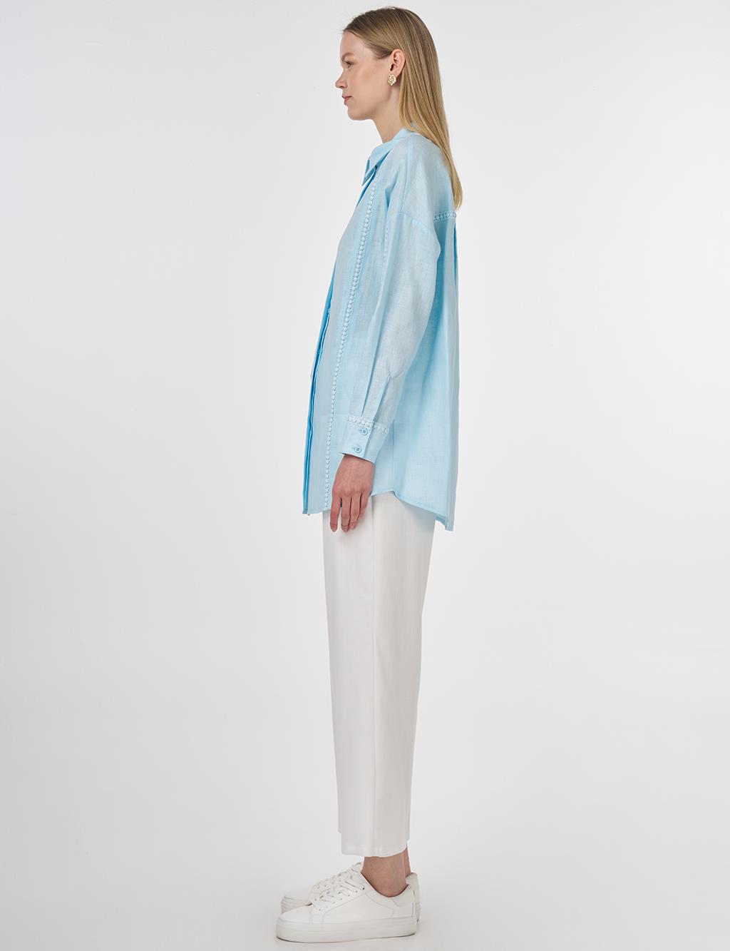 Striped Embroidered Linen Tunic in Blue