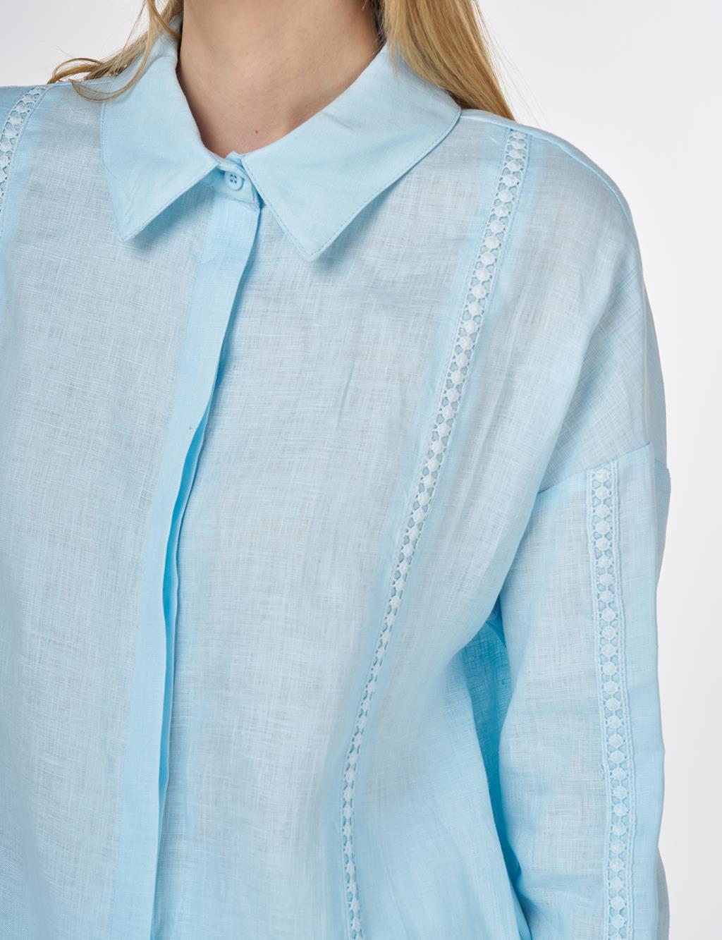 Striped Embroidered Linen Tunic in Blue