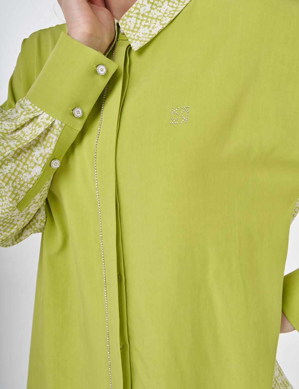 Floral Pattern Shirt Collar Tunic Pistachio Green
