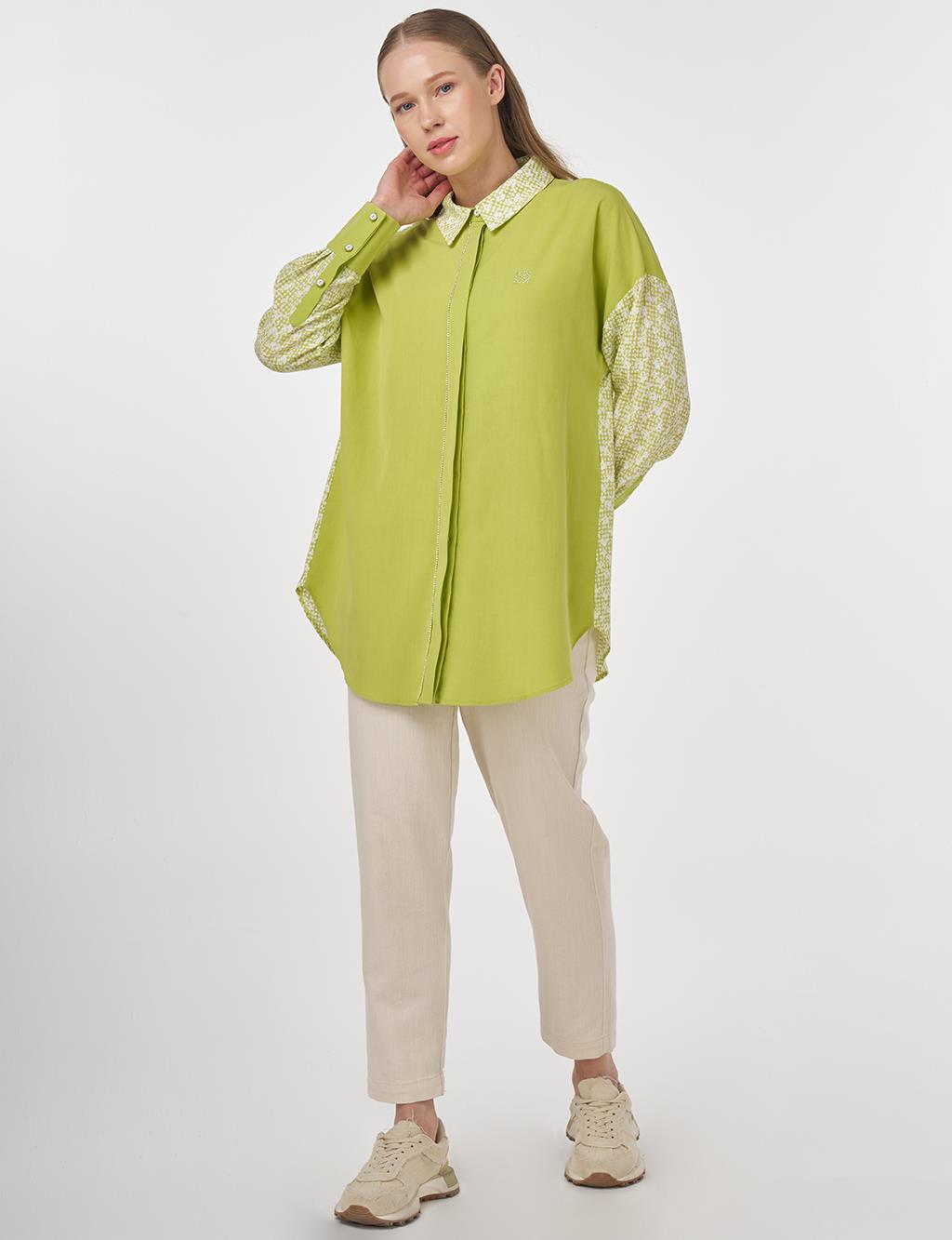 Floral Pattern Shirt Collar Tunic Pistachio Green