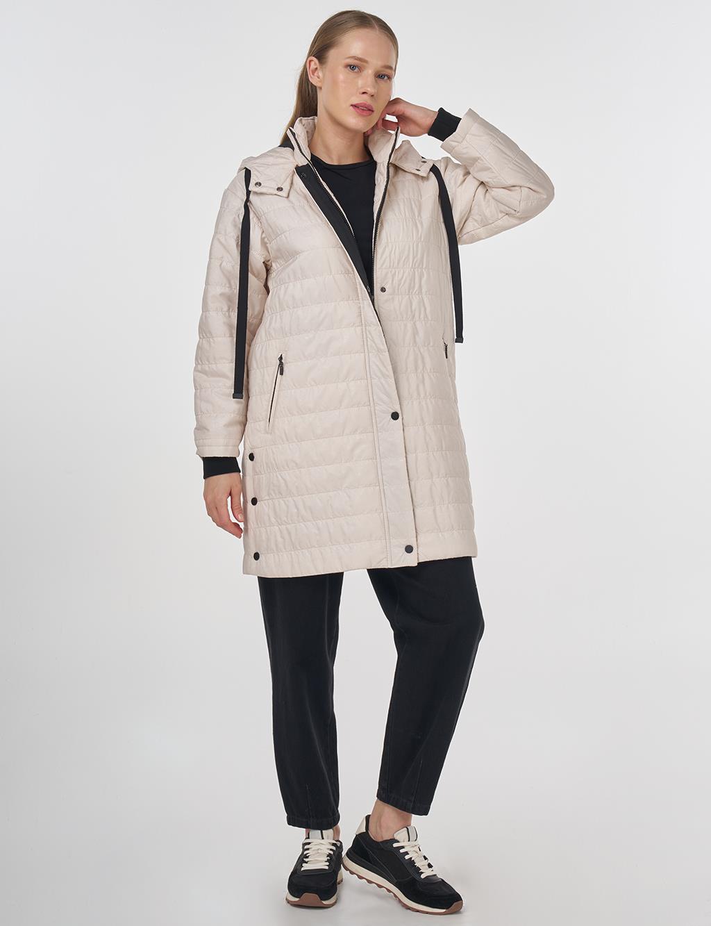 Stand-Up Collar Hooded Coat Cream 