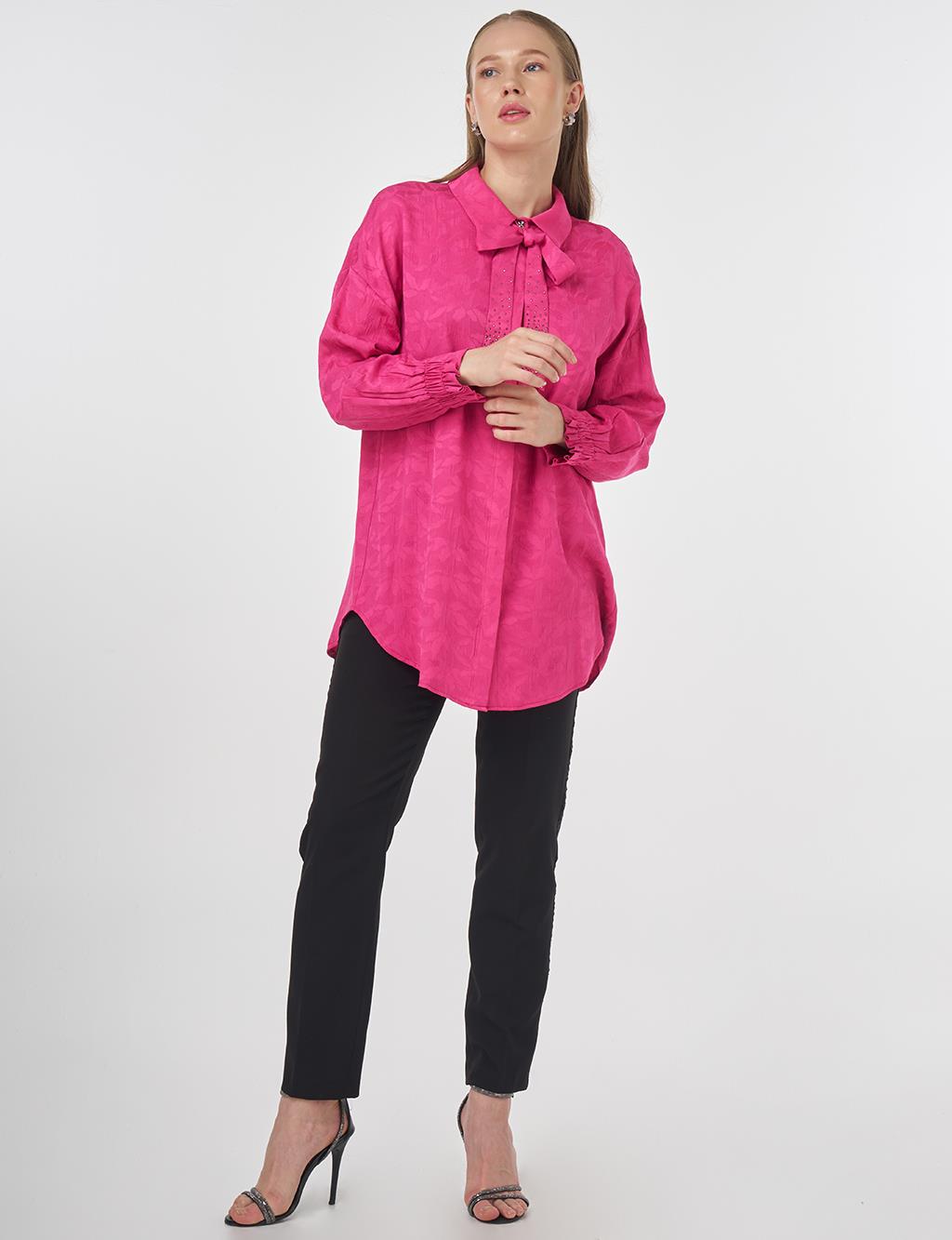 Shawl Collar Jacquard Blouse Fuchsia 