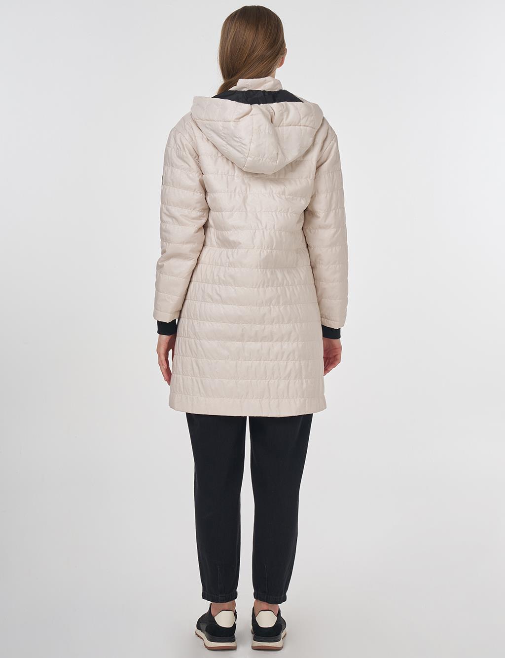 Stand-Up Collar Hooded Coat Cream 