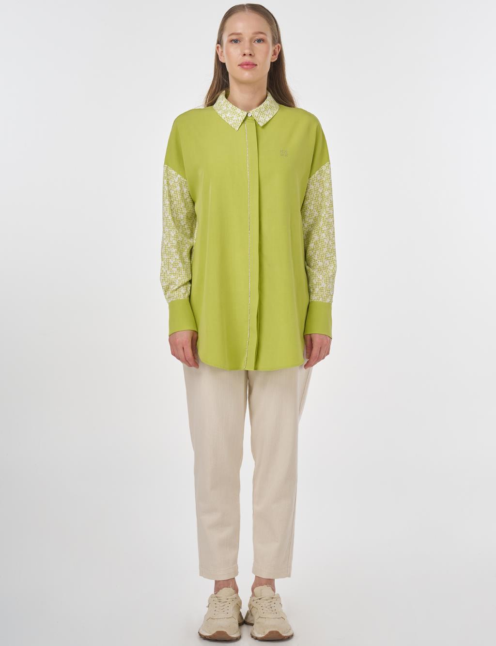 Floral Pattern Shirt Collar Tunic Pistachio Green