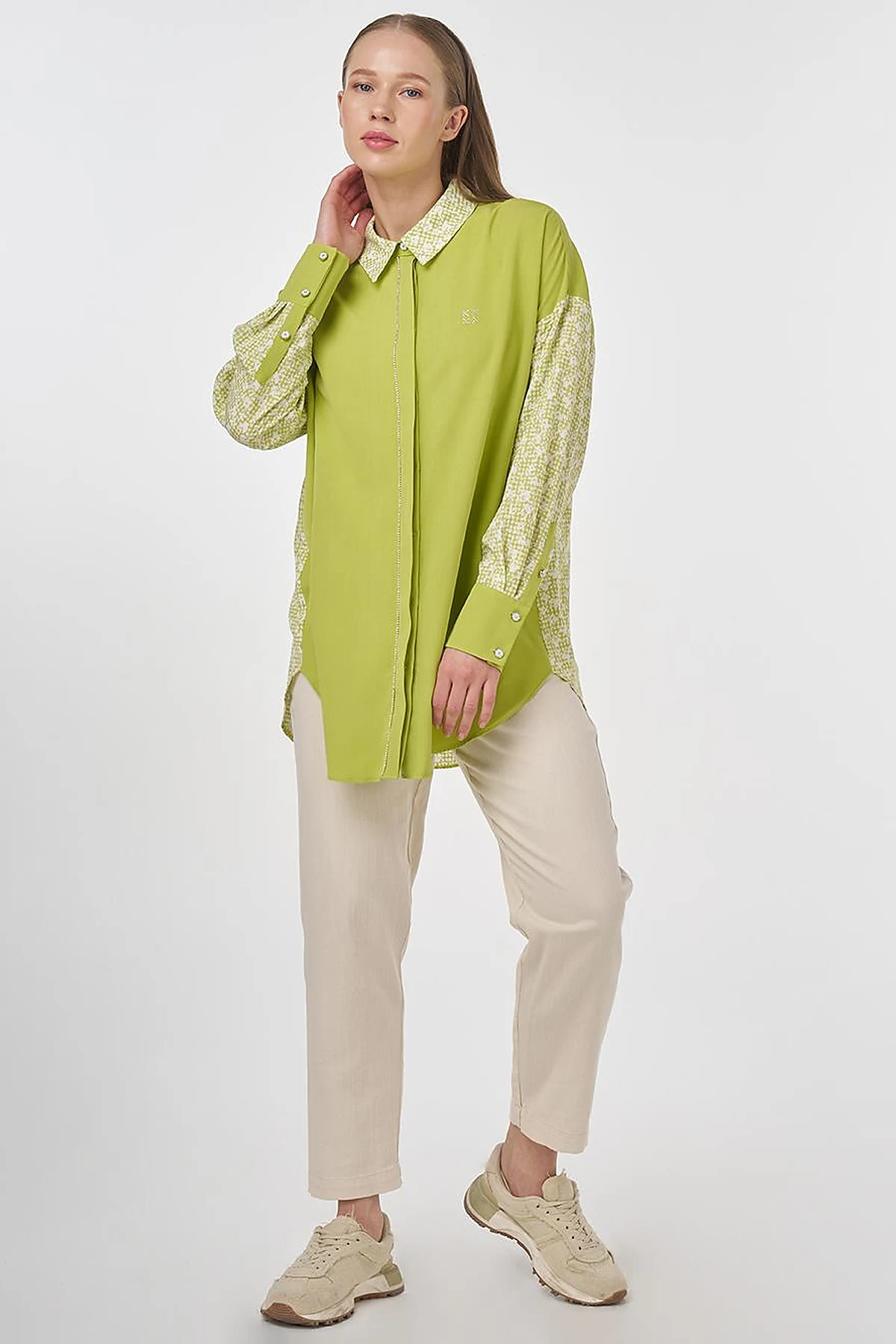 Floral Pattern Shirt Collar Tunic Pistachio Green
