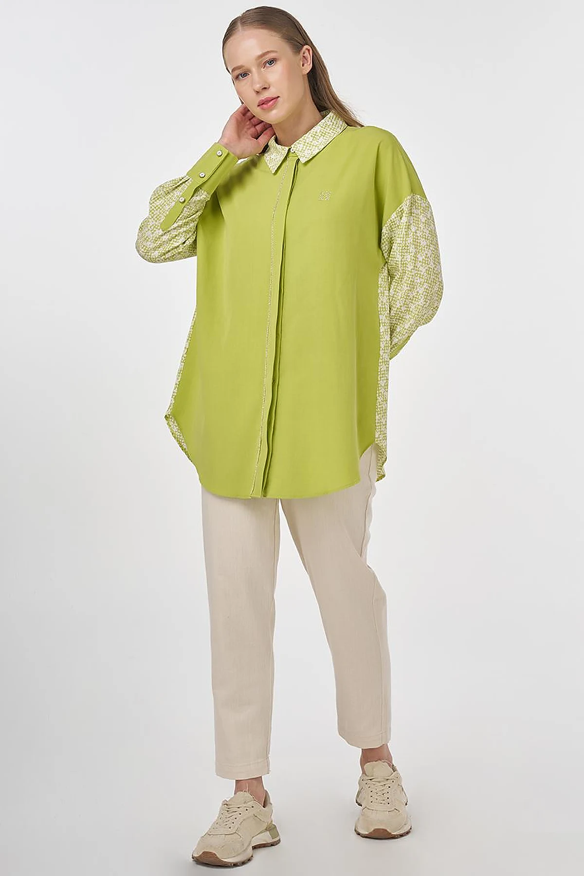 Floral Pattern Shirt Collar Tunic Pistachio Green