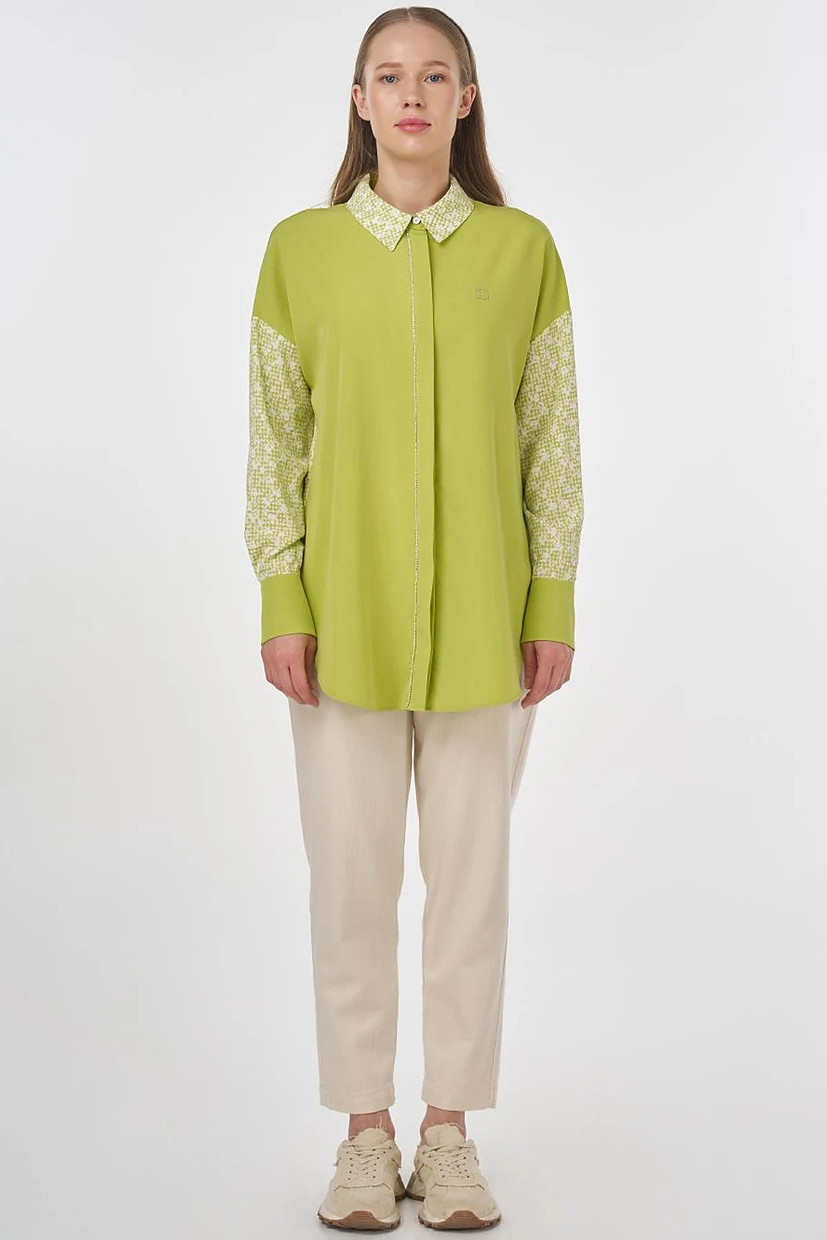 Floral Pattern Shirt Collar Tunic Pistachio Green