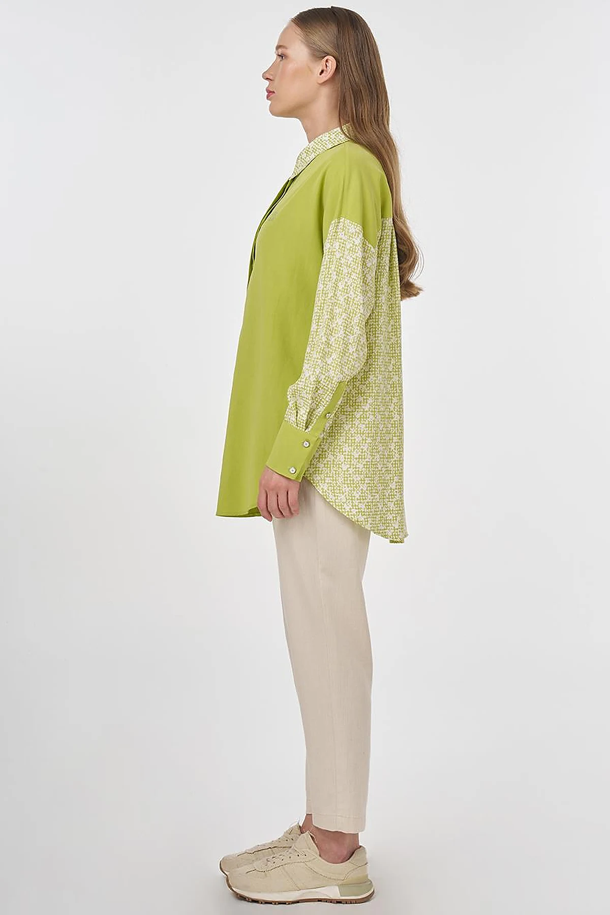Floral Pattern Shirt Collar Tunic Pistachio Green