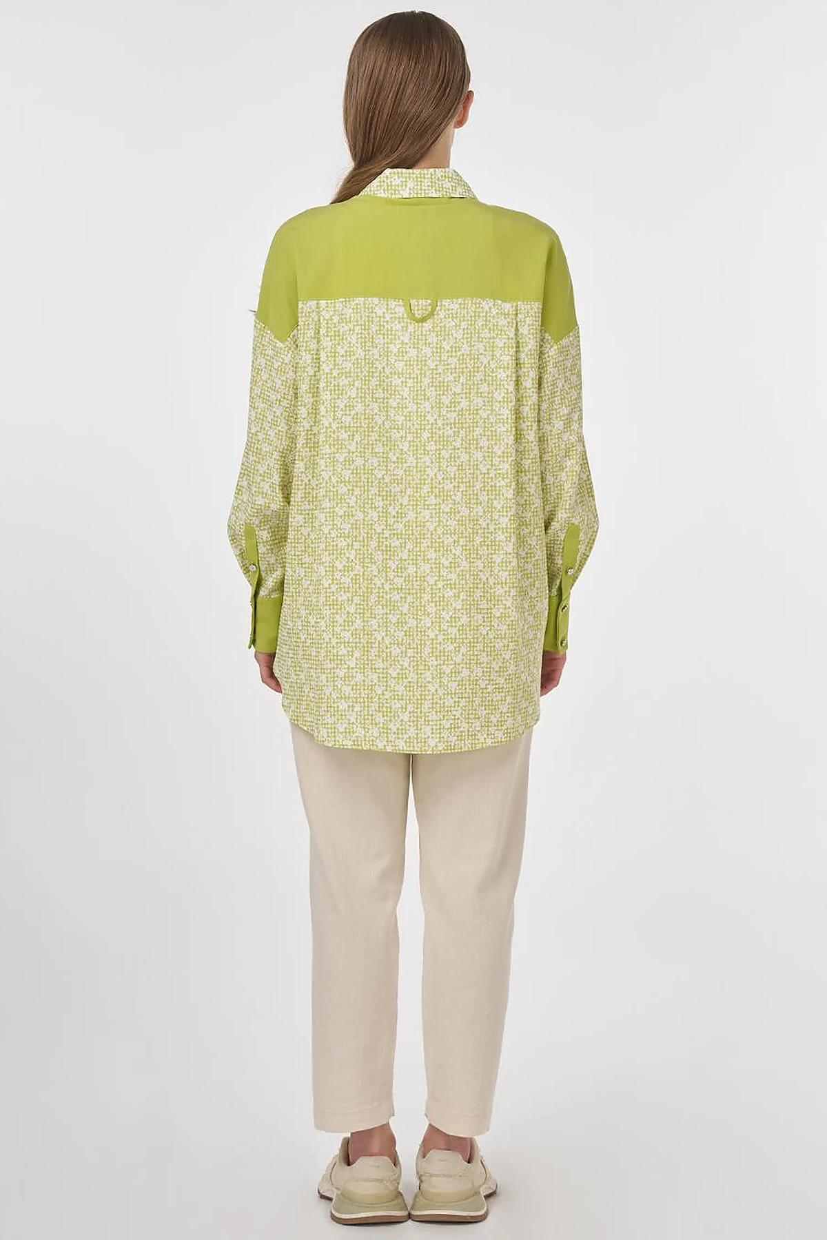 Floral Pattern Shirt Collar Tunic Pistachio Green