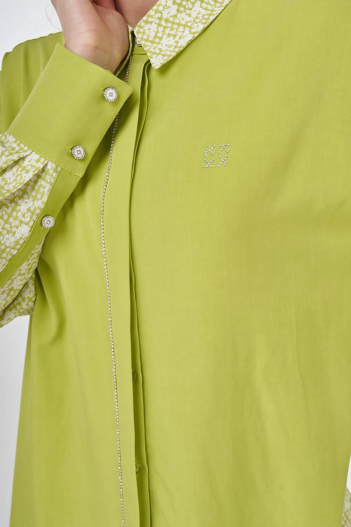 Floral Pattern Shirt Collar Tunic Pistachio Green