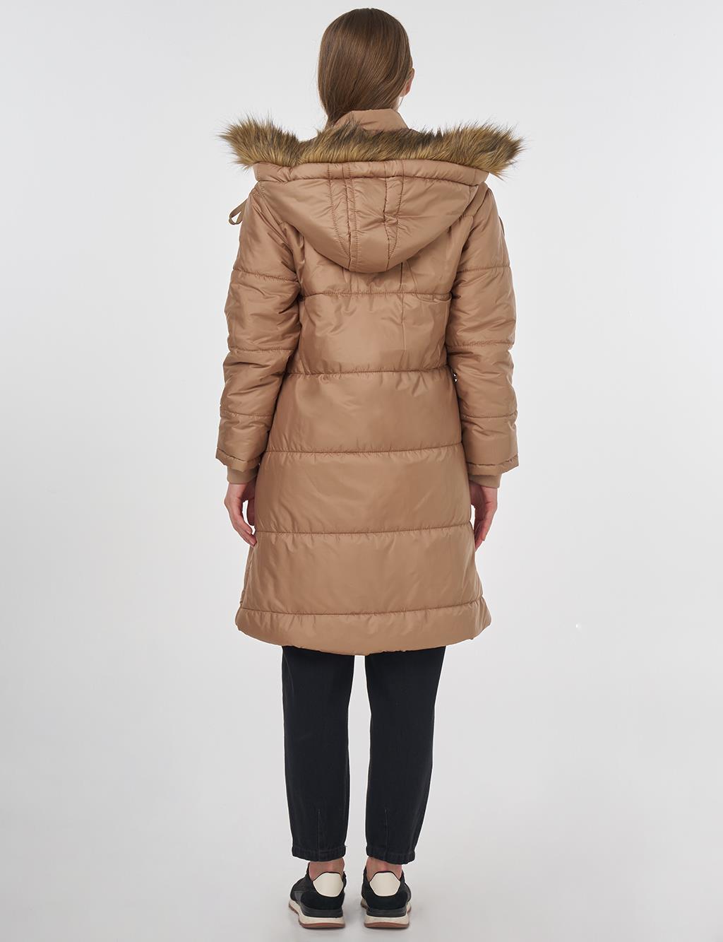 Quilted Anorak Coat with Faux Fur Detail Beige