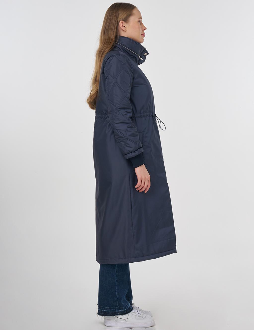 Belted Quilted Mix Anorak Coat Dark Navy Blue